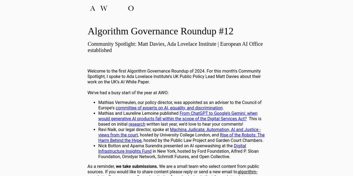 The first Algorithm Governance Roundup of 2024 has been published! We interviewed @halcyene of @AdaLovelaceInst about the UK’s AI Regulation White Paper.👇 eocampaign1.com/web-version?p=…