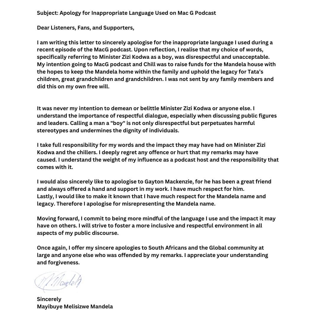 Mayibuye Mandela has apologised with some paraffin speed .