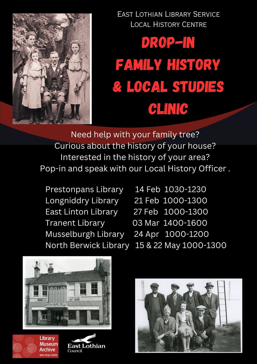 📢FAMILY & LOCAL HISTORY DROP-IN CLINIC TOUR DATES: ✨Pop in to various @eastlothianlibs branch Libraries with your #EastLothian #FamilyHistory or #LocalHistory questions for our Local History Officer.✨ #CommunityEngagement #LibrariesLoveHistory