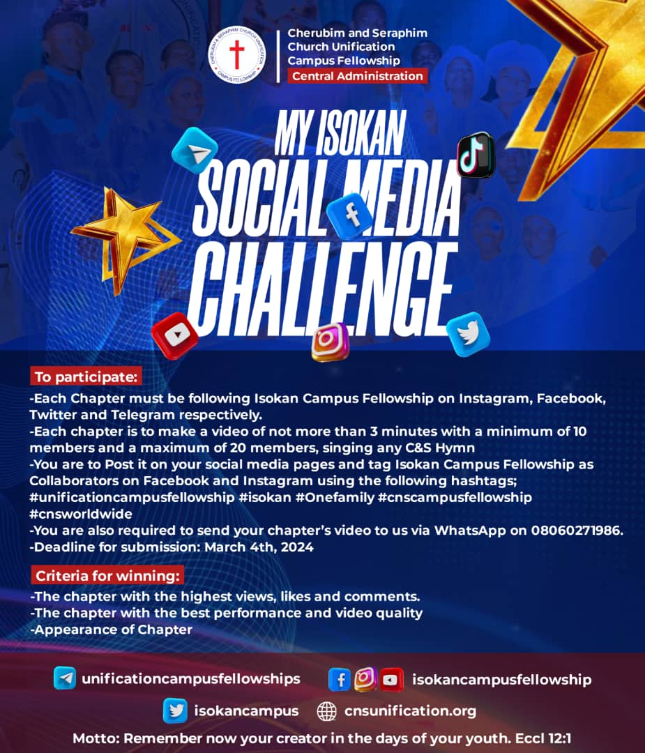 isokancampus's tweet photo. ISOKAN, are you ready💃💃💃

Introducing  "MY ISOKAN SOCIAL MEDIA CHALLENGE"

YOUR CHAPTER CAN'T AFFORD TO MISS OUT!

We love the C&amp;S hymns.
SEE FLIER FOR MORE DETAILS

#unificationcampusfellowship
#isokan
#onefamily
#cnscampusfellowship
#cnsworldwide https://t.co/mTn2x2SXuk