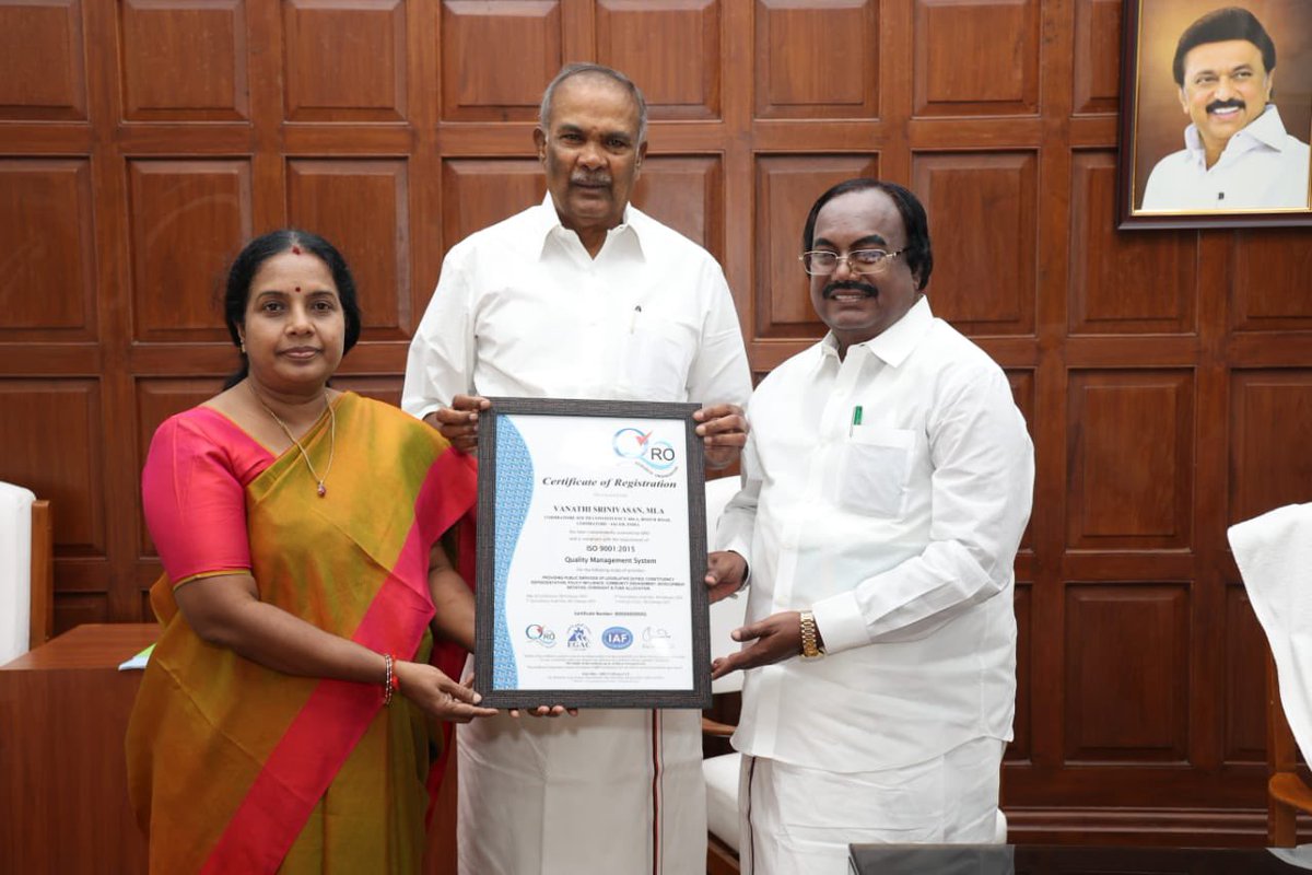 VanathiBJP's tweet photo. Delighted to share that my MLA office, Coimbatore South has achieved a significant milestone by becoming the first Member of the Legislative Assembly in Tamil Nadu to receive ISO 9001: 2015 certification. 

This accomplishment underscores our unwavering dedication to public service. The certification recognizes our distinguished quality management system in various aspects of legislative duties, constituency representation, policy influence, community engagement, development initiatives, oversight, and fund allocation.
The attainment of ISO certification reflects not only our tireless commitment to excellence but also the dedication of my entire team. 

Prime Minister @narendramodi consistently emphasizes enhancing work culture and achieving maximum governance with minimum government intervention. Similarly, Union Home Minister Shri @AmitShah and BJP National President Shri @JPNadda have prioritized enhancing the party's work ethos and prioritizing dedicated service to the people & that’s why under their leadership, BJP have office in almost all districts of the country. 

In 2011, when PM Modi was the CM of Gujarat, his office got the ISO 2001:2015 certification. This speaks about our commitment to continuously provide the efficient, effective and transparent services and support to our people. 

This certification serves as a testament to our adherence to international standards in the operations and services provided by my MLA office. I am committed to ensuring enhanced efficiency, transparency, and accountability in all interactions with the office for the constituents of Coimbatore South.

Today, I conveyed this achievement to our Honorable Speaker and Deputy Speaker of the Tamil Nadu State Legislative Assembly. This achievement reaffirms both mine and BJP's commitment to upholding the highest standards of governance and service delivery.
@blsanthosh