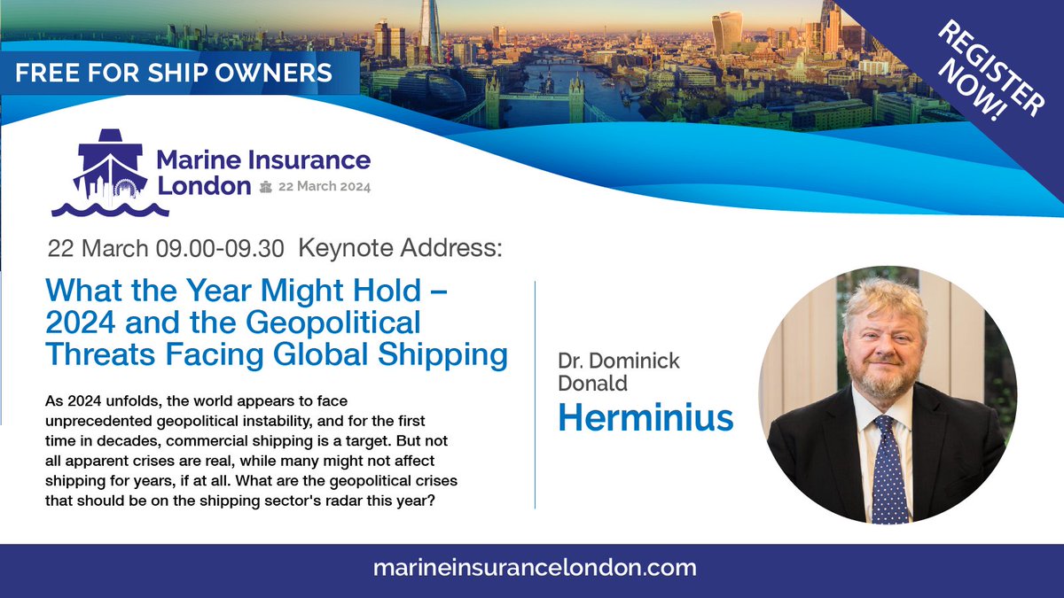 Join us in a month's time for London's biggest gathering of #Marine #insurance professionals at Marine Insurance London #MIL24! #Keynote from @DominickDonald #Herminius on the threats facing global shipping #geopolitics #shipping marineinsurancelondon.com/register/