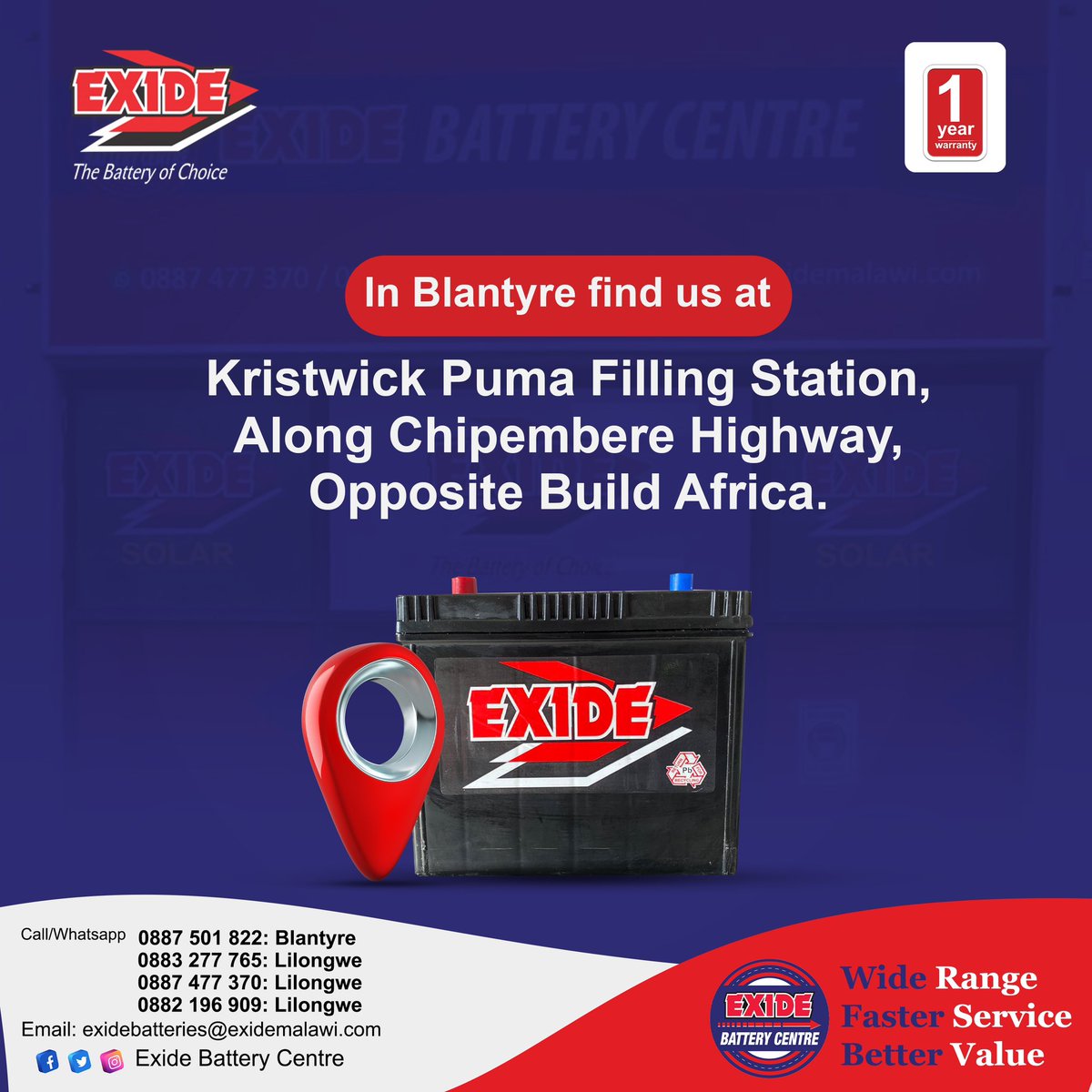 In Blantyre find us at

Kristwick Puma Filling Station, Along Chipembere Highway, Opposite Build Africa.

#blantyre #malawi #carbattery