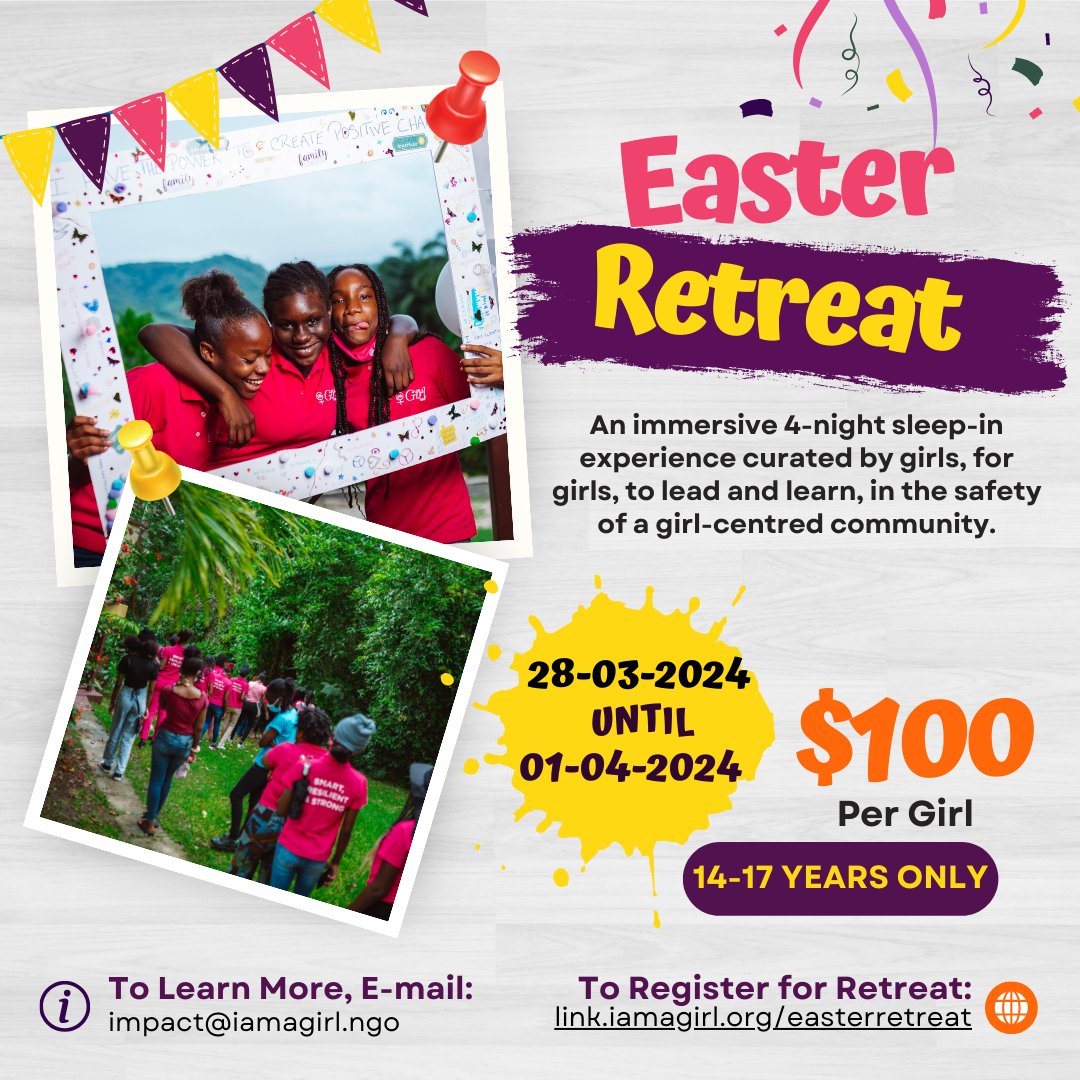 IAmAGirlNGO's tweet image. IT&apos;S BACKKKKK! Easter Retreat is finally back in our annual calendar, and 2024 commemorates our 6th year hosting it.

Learn more via the link provided (iamagirl.org/f3geaiNc), and we hope to see you this Easter weekend. #easter #retreat #girlsdevelopment #leadership #barbados