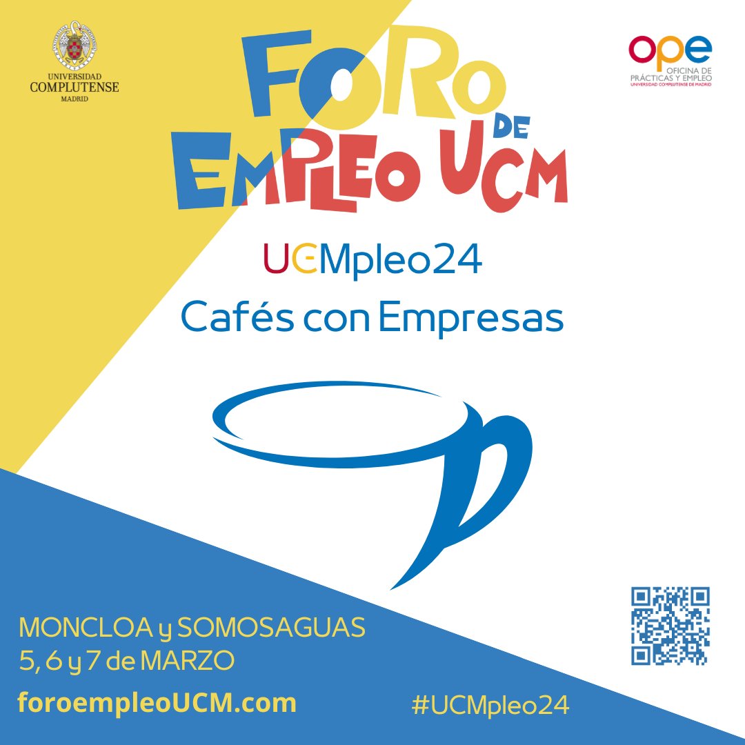 En el Foro de #Empleo #UCMpleo24 tendremos la oportunidad de disfrutar de Cafés con Empresas. Podrás iniciar valiosas conversaciones y establecer conexiones con los representantes de algunas de las entidades participantes en este evento. ¡Te esperamos! foroempleoucm.com/home