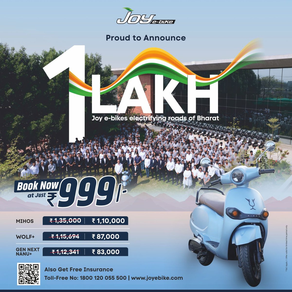 Get Ready to be on your Toes, Because We have hit the 1 lakh Mark on our factory's floor. And to make this occasion more special we have a surprise. Now Book a Joy e-bike at just 999/- and enjoy never seen Before discounts. (Offer valid on booking through the official link)