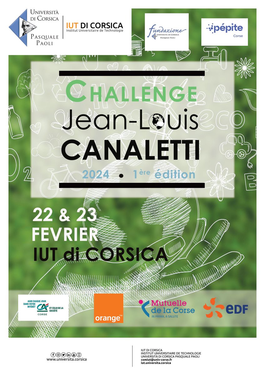 iutdecorse's tweet photo. L’IUT de Corse, la Fundazione Università di Corsica & Pepite Corse organisent la 1ère édition du challenge « Jean-Louis CANALETTI » les 22 & 23 février !
🍀 Ce concours vise à sensibiliser les étudiants de BUT 3ème année à l’importance de la RSE. https://t.co/LjHK5naw6P