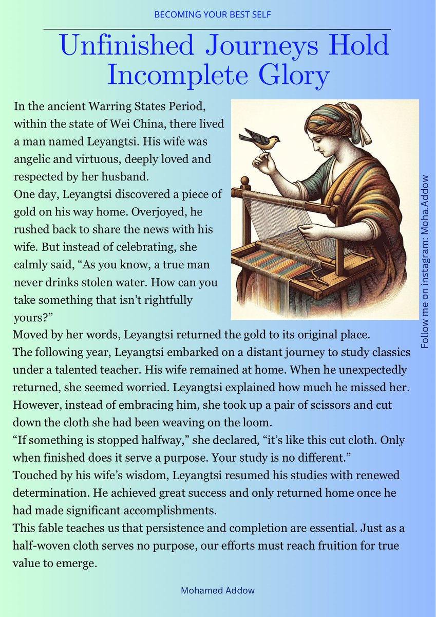 MohaAddow's tweet image. Golden Opportunity, Cut Short? A Story of Perseverance

#fable #ancientchina #integrity #perserverance #dreams #achievement #motivation #wisdom #choices #gold #lifetips #journey #growth #lessonslearned #ancientwisdom #chineseproverb #nevergiveup #success #inspiration #mindset