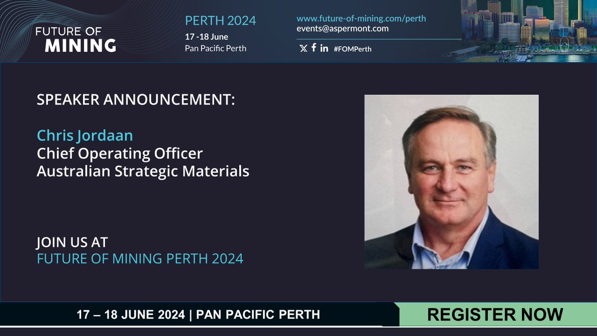 📢 SPEAKER ANNOUNCEMENT: Future of Mining Perth 2024 is delighted to welcome Chris Jordaan
Chief Operating Officer, Australian Strategic Materials! Taking place 17 -18 June 2024,this #conference is not to be missed!   

Find out more - future-of-mining.com/fomperth 

#FOMPerth