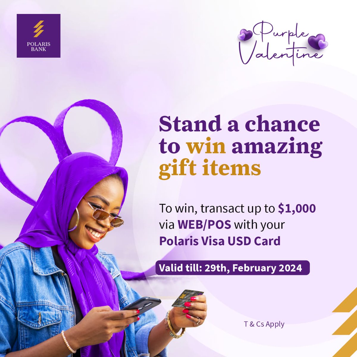 Turn your transactions into wins 

Stand a chance to win amazing prizes when you transact up to $1000 via WEB/POS with your Polaris Visa USD Card! 

Start transacting, start winning!

#WinWithPolaris 
#ShoppingRewards 
#VisaMagic
#PurpleValentine
#VULTe
#VULTeIT
#VULTeForBusiness…