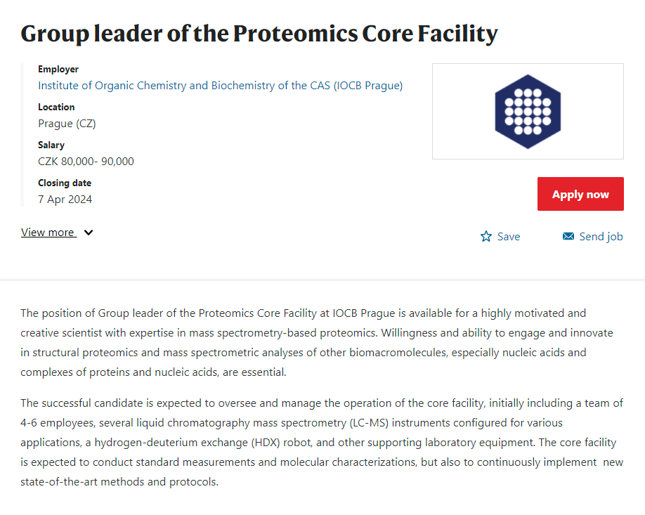 IOCB Prague (@iocbprague) on Twitter photo Searching for a Group leader of the Proteomics Core Facility <a href="/IOCBPrague/">IOCB Prague</a> <a href="/CzechAcademy/">Czech Academy of Sciences</a>.
Learn more & apply here: nature.com/naturecareers/… ⬅️
The successful candidate is expected to oversee and manage the operation of the core facility, initially including a team of 4-6 Searching for a Group leader of the Proteomics Core Facility <a href="/IOCBPrague/">IOCB Prague</a> <a href="/CzechAcademy/">Czech Academy of Sciences</a>.
Learn more & apply here: nature.com/naturecareers/… ⬅️
The successful candidate is expected to oversee and manage the operation of the core facility, initially including a team of 4-6