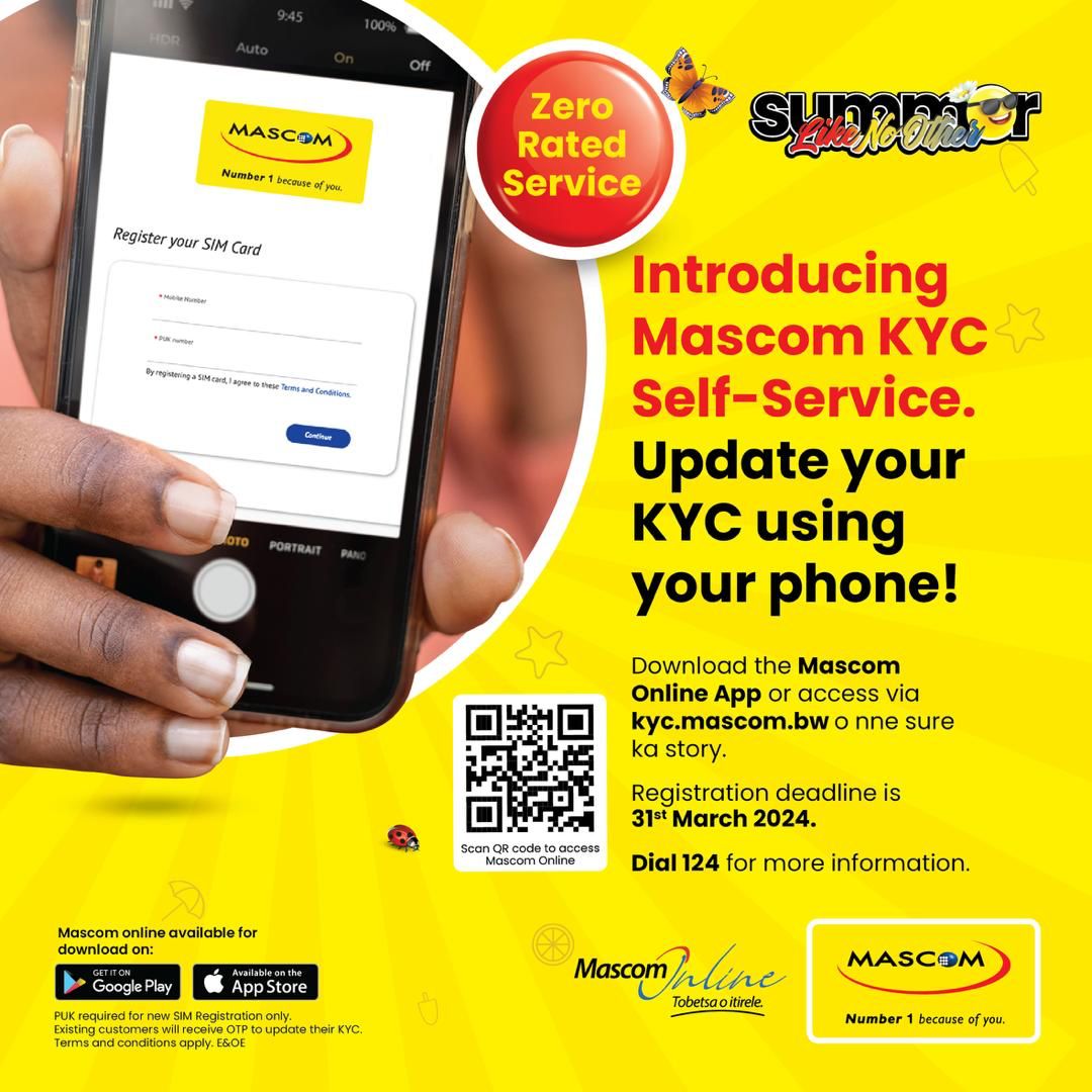 MascomWireless's tweet photo. Introducing Mascom KYC Self-Service! You can now stay compliant with ease!
Update your KYC anytime, anywhere using your phone via the Mascom Online App or https://t.co/K8S8e1wICa. This is a zero-rated service. Update your Safari to the latest version to enjoy the best experience! https://t.co/ifOtaOmQQ2