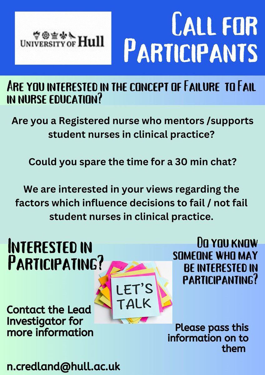 Thank you to everyone who has taken part in this study so far. We would love to hear from some Band 5 and 6 nurses. Please consider taking part in this new study! Email me on n.credland@hull.ac.uk for further info @WeNurses @nmcnews @theRCN @rcni