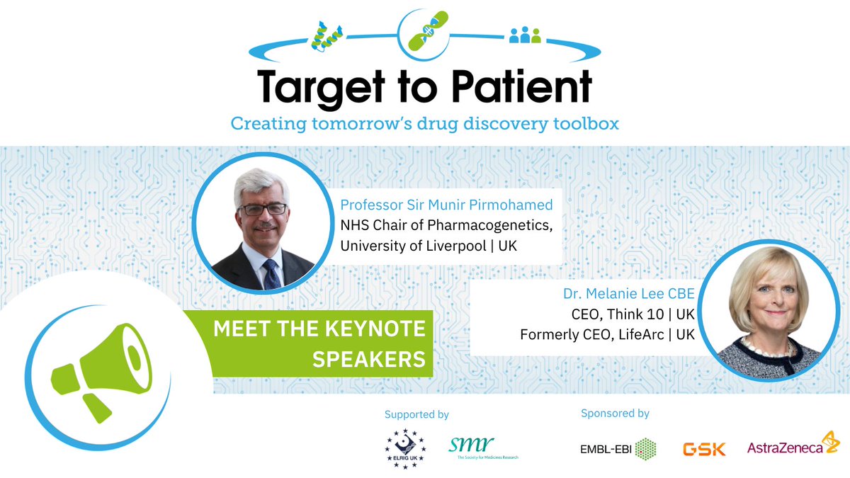 Introducing our keynote speakers at #Target2Patient, 29 – 30 April 2024: Dr Melanie Lee CBE, and Professor Sir Munir Pirmohamed @MPUoL.

Early bird registration is open until 26 February: ebi.ac.uk/targettopatien…

#genomics, #invitro technologies, #digitalhealth #drugdevelopment