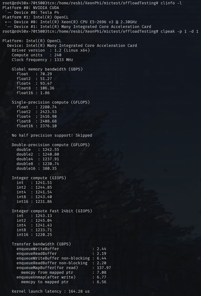 Redstone_Bi's tweet photo. Xeon Phi 7120P CLpeak benchmark (apt released package)
🫠但是offload和opencl程序以后都要用sudo来跑感觉有点抽象。。。
#XeonPhi #7120P https://t.co/AQfISdeptA