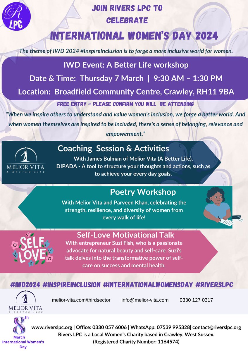 Join @Rivers_LPC to celebrate #InternationalWomensDay 2024 on 7 March, 9.30 to 1.30 at @BroadfieldComm. There will be motivational talks, coaching sessions, poetry workshops and much more for your care and wellbeing. #inspireinclusion #IWD2024