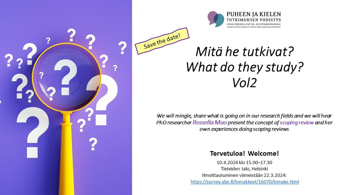 Attention all English-speaking researchers! We have confirmed a speaker in the Networking afternoon event: Rossella Muo will give a presentation of scoping reviews. The event is free of charge, so be sure to register now at puhejakieli.fi! #puheenjakielentutkimus2024