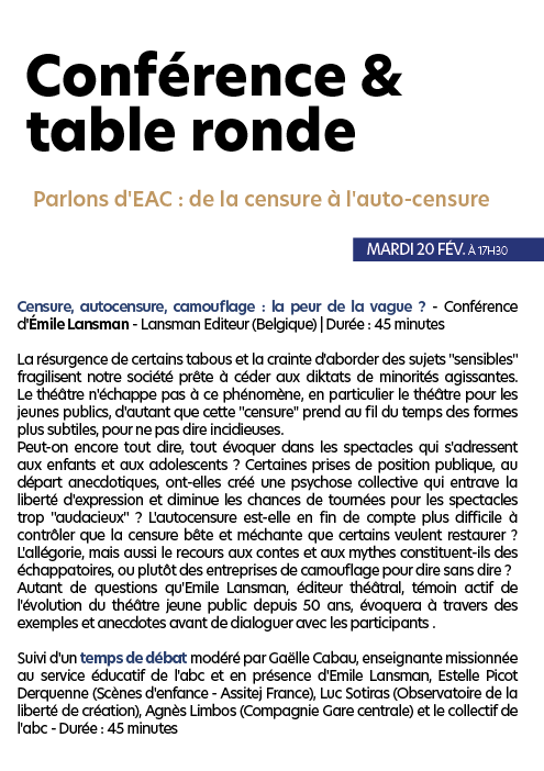 𝗣𝗮𝗿𝗹𝗼𝗻𝘀 𝗱'𝗘𝗔𝗖 : 𝗱𝗲 𝗹𝗮 𝗰𝗲𝗻𝘀𝘂𝗿𝗲 𝗮̀ 𝗹'𝗮𝘂𝘁𝗼-𝗰𝗲𝗻𝘀𝘂𝗿𝗲
On parle censure ce mardi après-midi à 17h30, salle Devosge ! #censure #spectaclevivant