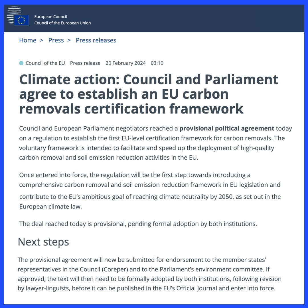 The EU has agreed on the world's first #carbonremoval certification framework!

𝗦𝗰𝗼𝗽𝗲

There will be four types of units:
• Permanent carbon removal
• Temporary carbon storage in long-lasting products (at least 35 years)
• Temporary carbon storage from carbon farming
•