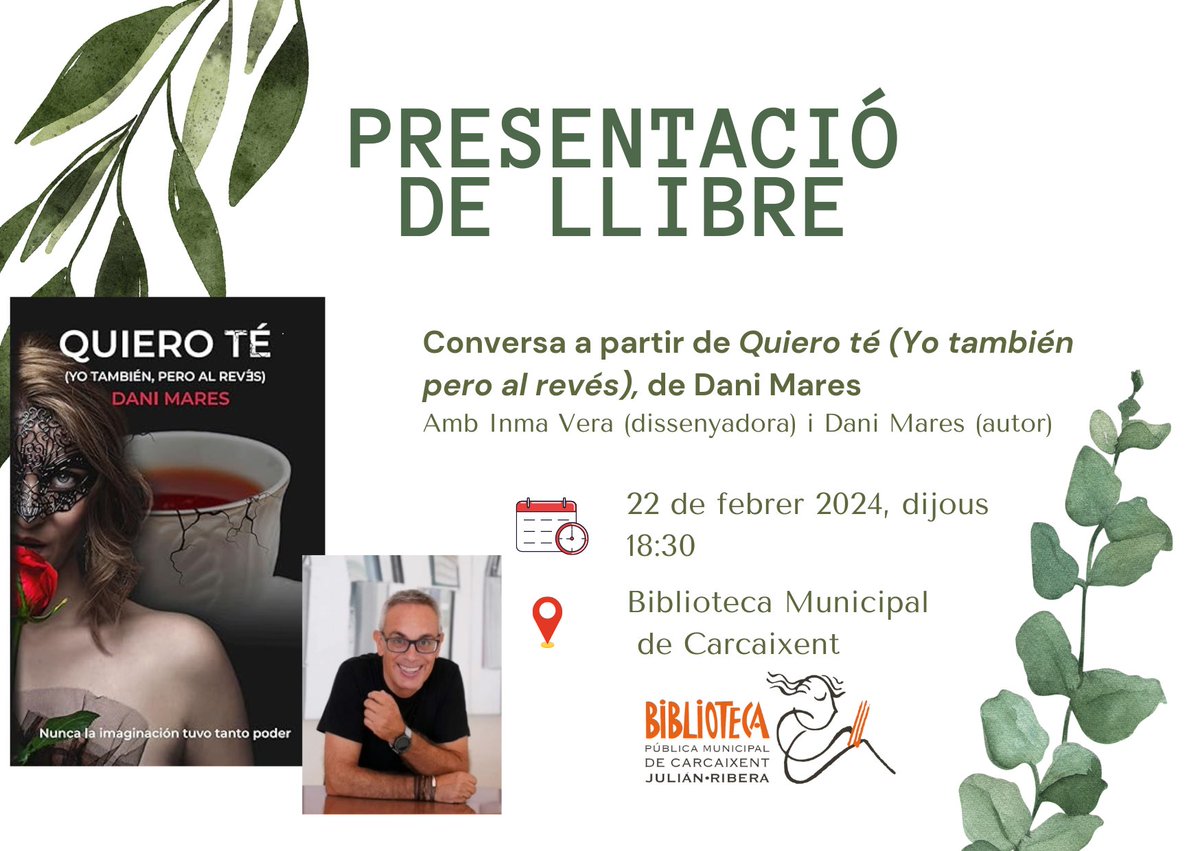BibloCarcaixent's tweet photo. Ens veiem el proper dijous a la presentació del llibre "Quiero té, pero al revés" de @DaniMarescomico 
Dolor, amor i passió carnal fan d'esta història una barreja perfecta  de sentiments enfrontats i plaer desitjat...
📅 Dijous 22 de febrer
⏰ A les 18:30 h
#novellaeròtica https://t.co/KHlaEqOnho
