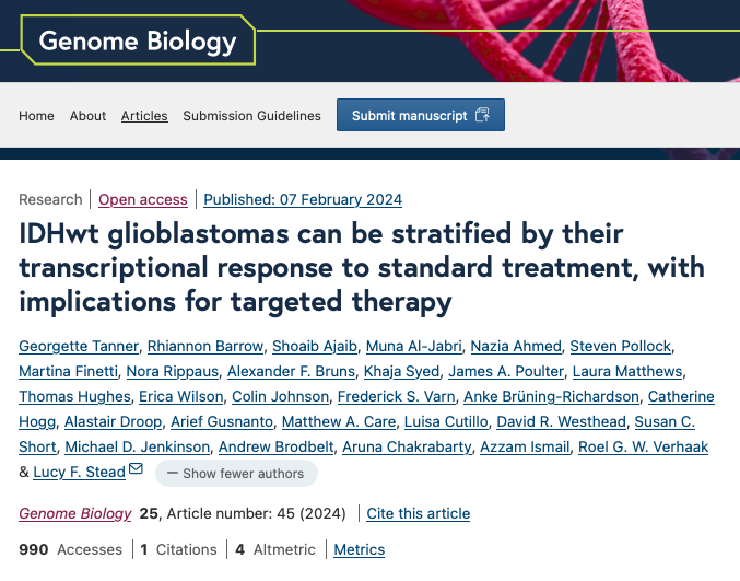 We are thrilled to have published our recent findings regarding the way that GBM tumours adapt to, and survive, treatment in @GenomeBiology. This brief thread highlights what we found: 1/8