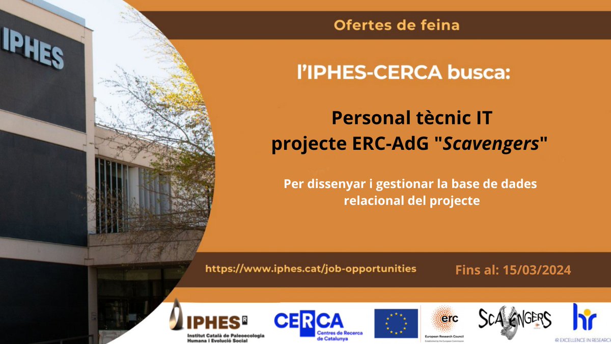 IPHES-CERCA (@iphes) on Twitter photo 🚨 #jobopportunity 💻 L'<a href="/iphes/">IPHES-CERCA</a> busca personal tècnic #IT per tasques relacionades amb el disseny i gestió de dades del projecte #ERC-AdG #Scavengers
🔗 Tota la info: bit.ly/49HaoUq 🚨 #jobopportunity 💻 L'<a href="/iphes/">IPHES-CERCA</a> busca personal tècnic #IT per tasques relacionades amb el disseny i gestió de dades del projecte #ERC-AdG #Scavengers
🔗 Tota la info: bit.ly/49HaoUq