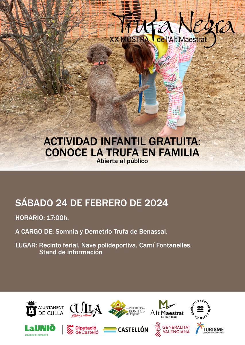 📣 ¡Atención amante de la trufa! No te pierdas las principales actividades de la XX Mostra de la #Trufa Negra de l'Alt Maestrat en Culla, los días 24 y 25 de febrero. Disfruta de todas estas actividades y muchas más. trufamaestrat.es. 🎶🐾🍲