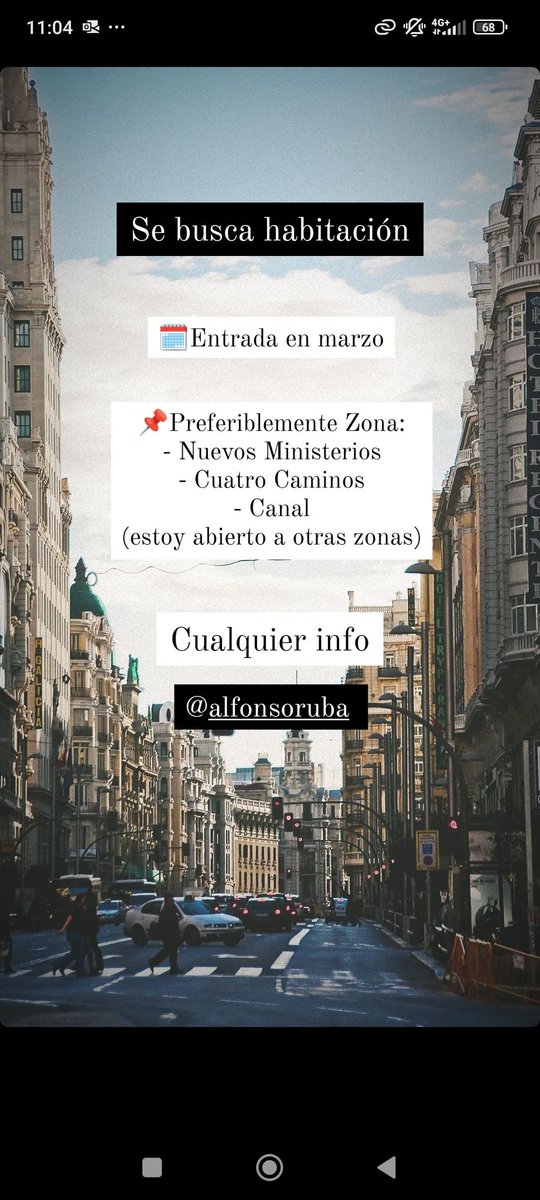 alfonsorb1998's tweet photo. Buenas! Busco habitación en alquiler para piso compartido en Madrid.
Zonas (preferiblemente) 
- Nuevos Ministerios 
- Cuatro Caminos 
- Canal

Para entrar a vivir en marzo.

Soy un chico sevillano, llevo ya 3 años  en Madrid y trabajo. 

MD cualquier cosa porfi✌️🥹 https://t.co/Sud40sVBPm