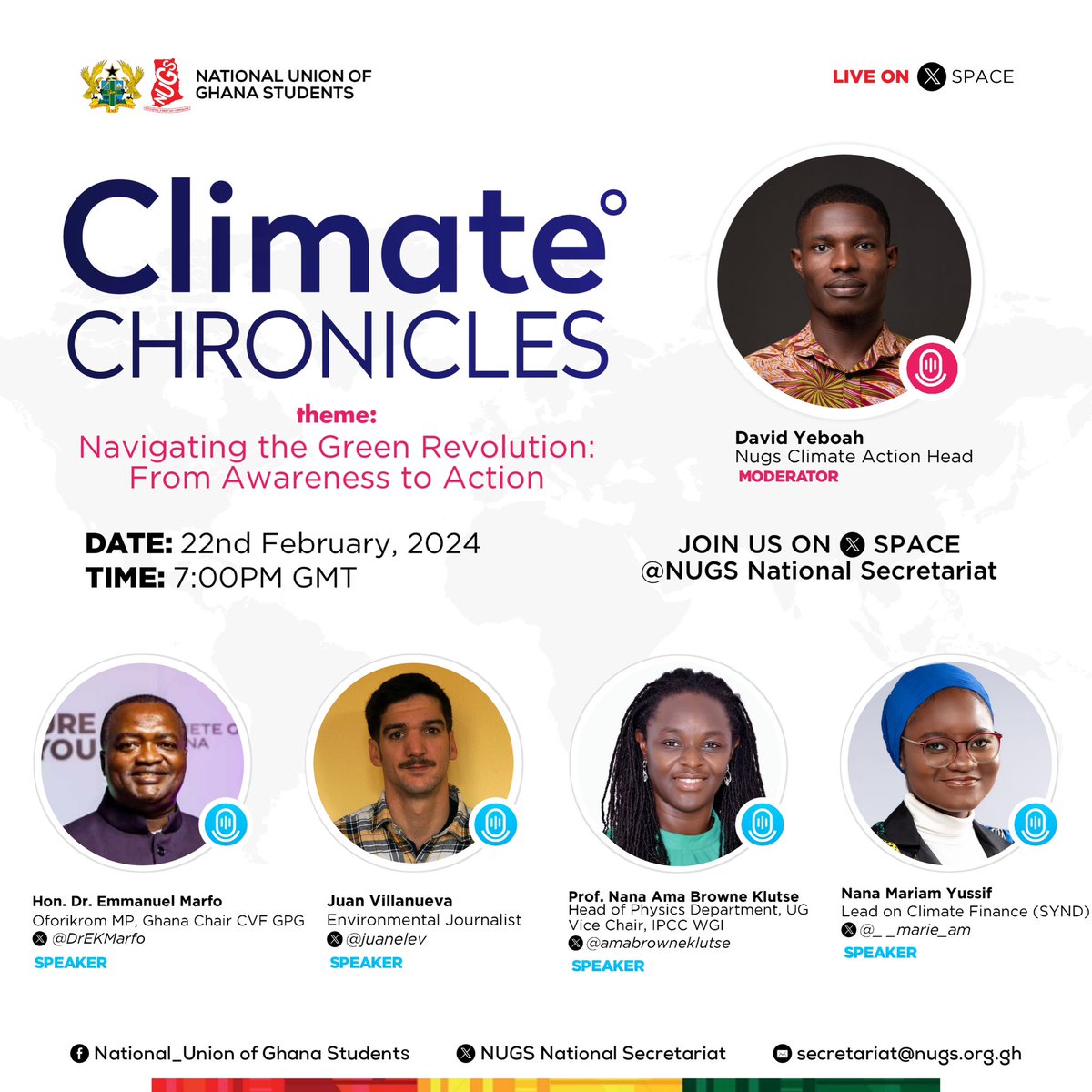 Let’s navigate the Green Revolution together! 🌱 Join @DrEKMarfo , @juanelev , @amabrowneklutse and @__marie_am as we delve into the Chronicles of Climate Change 🌱 Host: @NUGS_National