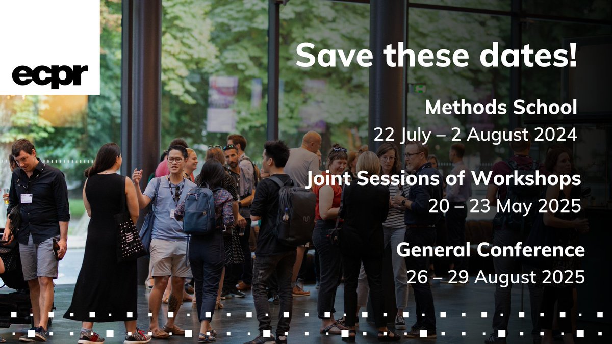 Add these dates to your calendar! ⤵️ 🗓️ 2024 Methods School, 22 Jul – 2 Aug #ecprss24, 💻 Online 🗓️ 2025 Joint Sessions of Workshops #ecprjs25, 20 – 23 May, 🇨🇿 @CharlesUniPRG 🗓️ 2025 General Conference #ecprgc25, 26 – 29 Aug, 🇬🇷 @Auth_University #PolSci #IR #MethodsTraining