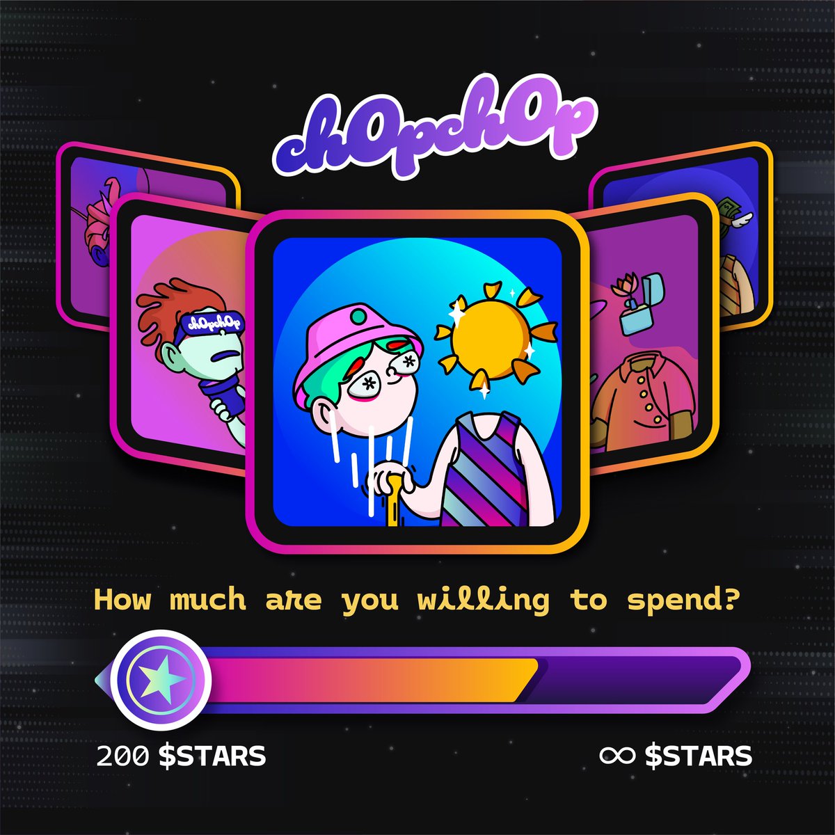 ch0pch0pnft's tweet photo. ch0pch0p is cool, original and stands out from the crowd? 😌

💸 How much are you willing to spend on ch0pch0p? 🤑

A. 200 $STARS - 400 $STARS
B. 400 $STARS  - 500 $STARS 
C. Over 500 $STARS

👀 Drop your opinion below 👇🏻 https://t.co/ha94n0EmGq