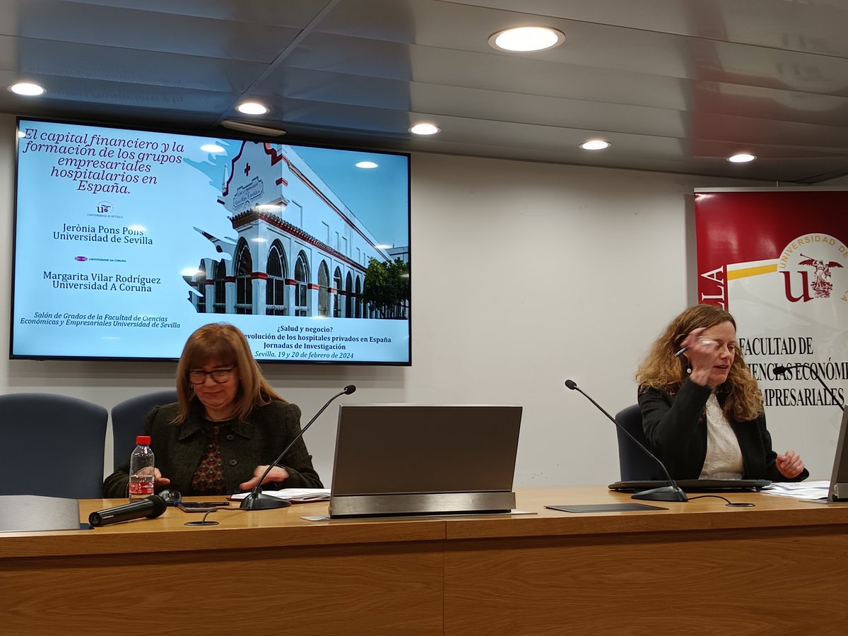 Llega el turno de las Dras. Jerònia Pons <a href="/unisevilla/">Universidad de Sevilla</a> <a href="/FceyeUs/">Facultad Económicas y Empresariales Univ. Sevilla</a> y Margarita Vilar <a href="/UDC_gal/">Universidade da Coruña</a> y su comunicación sobre la génesis y evolución de los grupos empresariales hospitalarios en España.