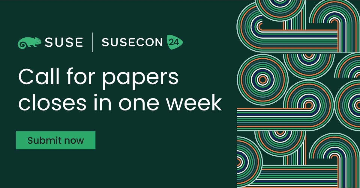💡❓ Vous n'avez pas encore soumis votre session pour #SUSECON2024 ? Pas de problème ! Vous avez jusqu'au 23 février pour le faire, date de clôture du Call for Papers. 

 👉Tous les détails ici : okt.to/dx6F8n