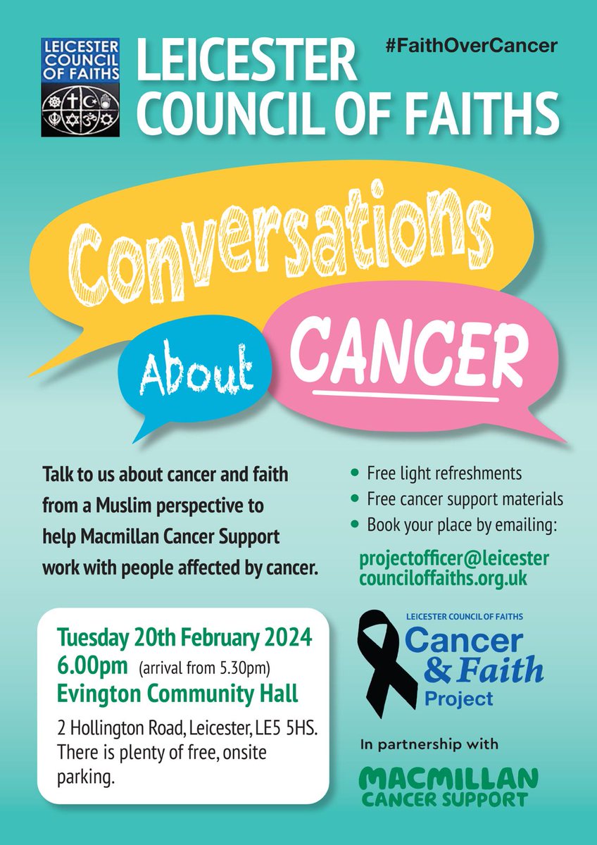 We are inviting our Muslim friends to come along tonight and talk together about cancer and faith. Free refreshments and cancer support materials are available.
