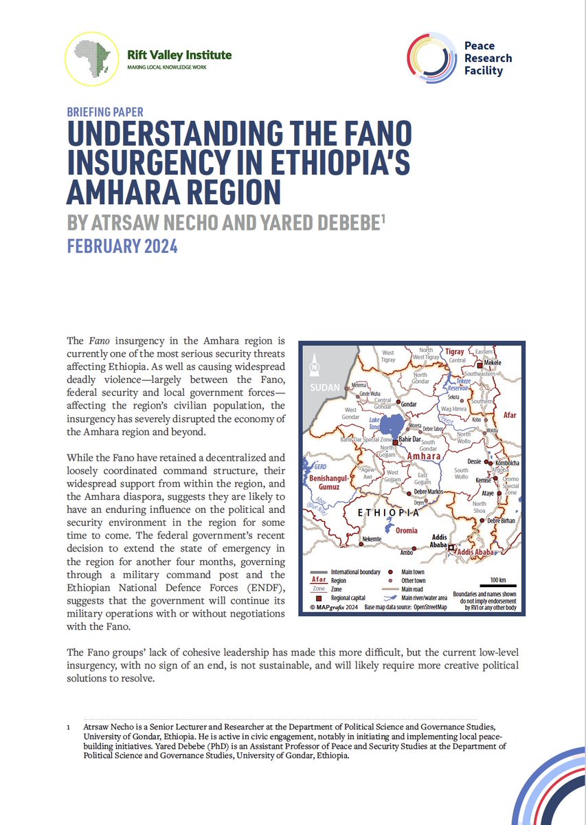 NEW BRIEF | UNDERSTANDING THE FANO INSURGENCY IN #ETHIOPIA’S AMHARA REGION @AtrsawN & @YaredDebebe7 explore the Fano and detail their geography-based groupings, key personalities and community relations, including with the diaspora. bit.ly/4bMf1yK🧵1/4