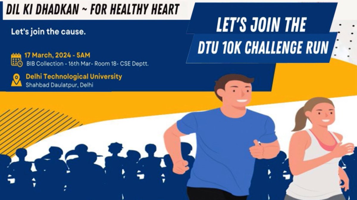 DTU10k Challenge Run.! * Date: 17th March 2024 * Time: 5am onwards * Location: Delhi Technological University, Shahbad Daulatpur, Rohini, Delhi * Distances: 10K, 5K and 3K fun run * Registration link: evantik.runizen.com/e/dtu10k-chall…