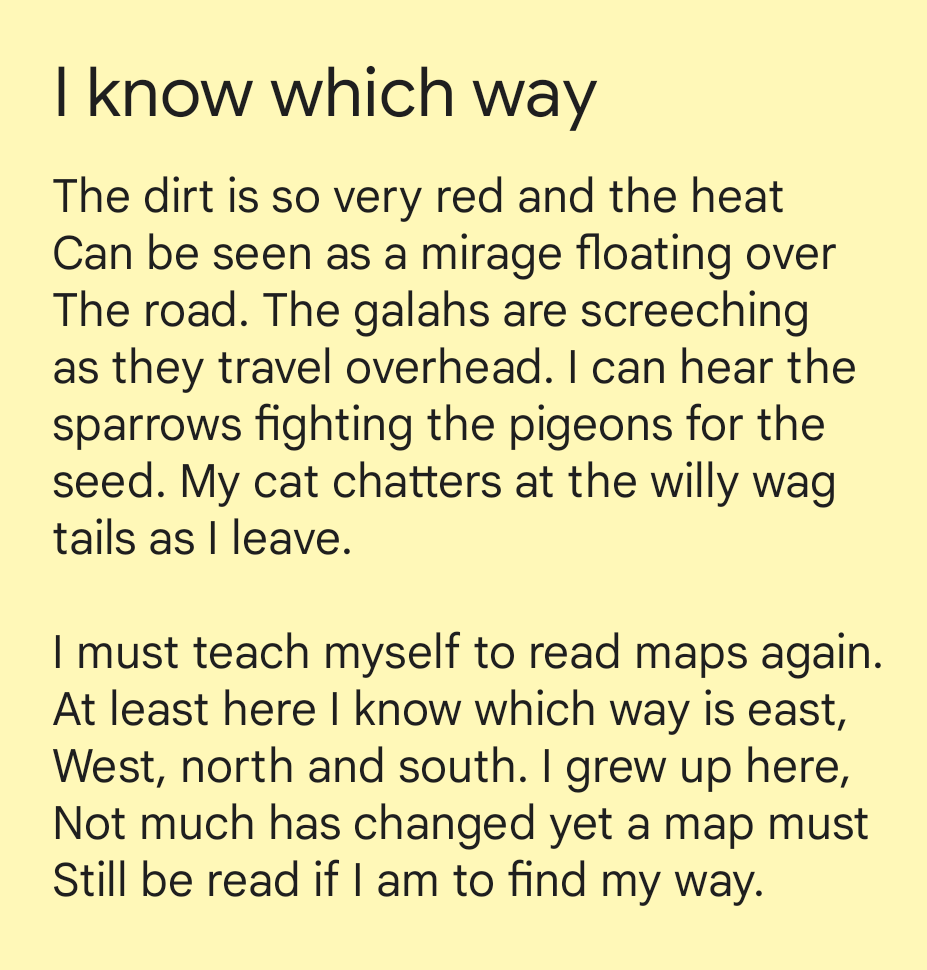 emma_datson's tweet photo. I present 'I know which way' for @TopTweetTuesday and @ITattum. Hopefully a more imagist poem for your contemplation.
#poetry #poetrycommunity #Australianpoetry #toptweettuesday #informationubernerd #maps #readingmaps https://t.co/m403rfF4is