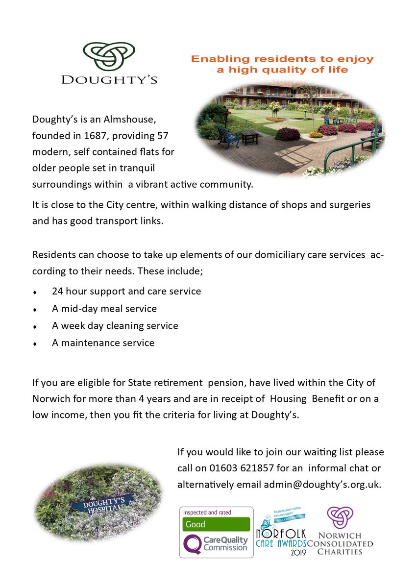 Doughty’s is an Almshouse who provide housing with extra care and support to older people if you are eligible for State retirement pension, have lived within the City of Norwich for more than 4 years you may qualify for living at Doughty’s. Find out more norwichcharitabletrusts.org.uk/charities/doug…
