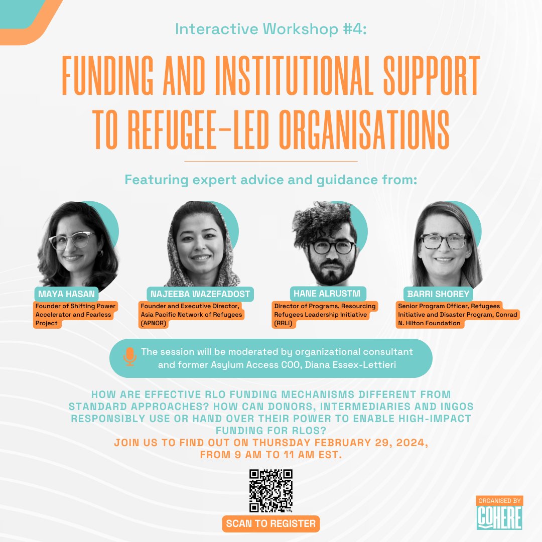 🌟 Join Cohere's Workshop #4 on Feb 29, 9-11am EST! 🚀 Explore High-Quality Funding & Support for Refugee-led Organizations. Whether you're a #donor, #INGO, or in the refugee sector, this session is for you! Register: bit.ly/3SBOEmj #RefugeeLeadership #FundingChange