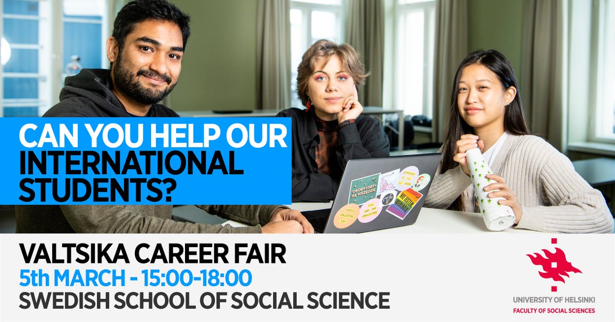 SocSciHelsinki's tweet photo. Can you help our international students?
There are 2 days left for organisations and alumni to register for our free Valtsika Career Fair on 5th March.
Join us to explore collaborations with our students and to offer them career advice.
More info: https://t.co/k7VQEueROD https://t.co/IDXPHBA65O