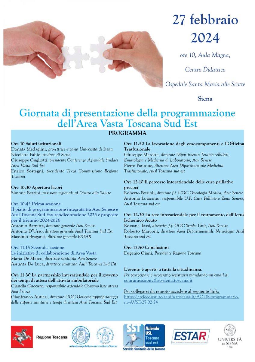 AouSenese's tweet photo. Giornate di presentazione della Programmazione dell’ #AreaVasta #Toscana sudest: il #22febbraio ad #Arezzo, il #26febbraio a #Grosseto e il #27febbraio a #Siena
+++ TRIPLO EVENTO ORGANIZZATO DA @AouSenese e @Usltoscsudest +++
📆NEWS: https://t.co/5aQJUMRM51 https://t.co/D4crPeXZvr
