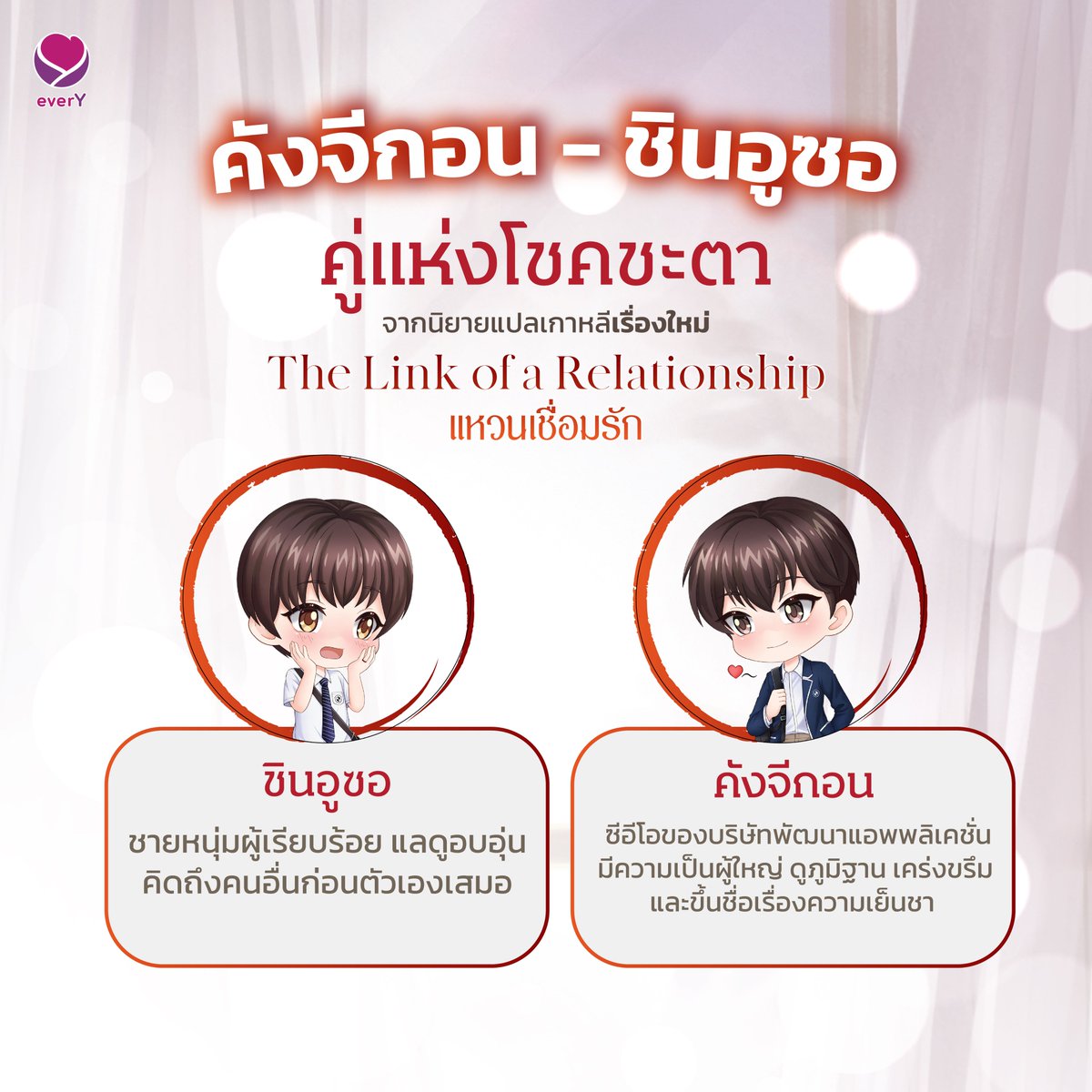 everY_2015's tweet photo. วันนี้พี่ไวน์ขอควง ‘จีกอน-อูซอ’ มาทำความรู้จักกับเพื่อนๆ ค่า 😍 และสำหรับใครอยากรู้จักพวกเขามากกว่านี้ ต้องไปตำนิยายมาอ่านกันน้า 💜
📚 #TheLinkofaRelationship #แหวนเชื่อมรัก เล่ม 1-2 (2 เล่มจบ)
💜 ผู้เขียน #Chelliace
ช้อปนิยาย 👉 https://t.co/gYzX0YTi2S https://t.co/lD5AXJExdF