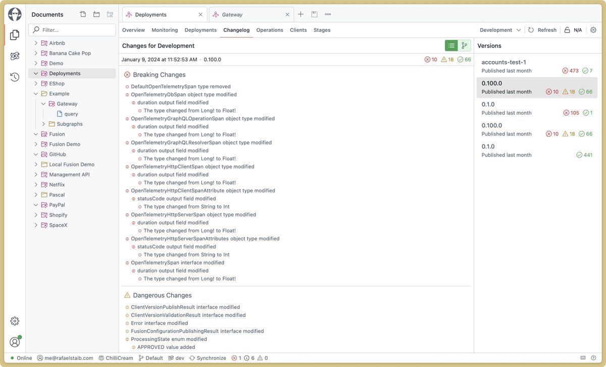 Hey Community,

Today we’ve released #BananaCakePop 15. This version introduces a new feature called Deployments which gives you insights and control of Gateway Configuration, Schema, and Client Deployments.

Besides that we’ve introduced a Refresh button for API Services &amp;