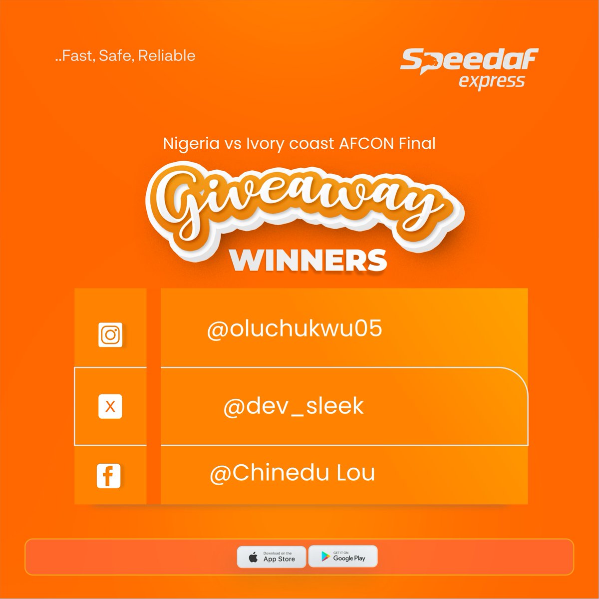 Officialspeedaf's tweet photo. Congratulations to the winner of the Nigeria vs Ivory Coast match! 🏆📷
@dev_sleek
Kindly send your name, phone number and delivery details within 48hrs via Dm to claim your prize… Stay tuned for other giveaway contest ! 🎁✨
#PredictAndWinChallenge #Winners https://t.co/LjW4a2jOWB