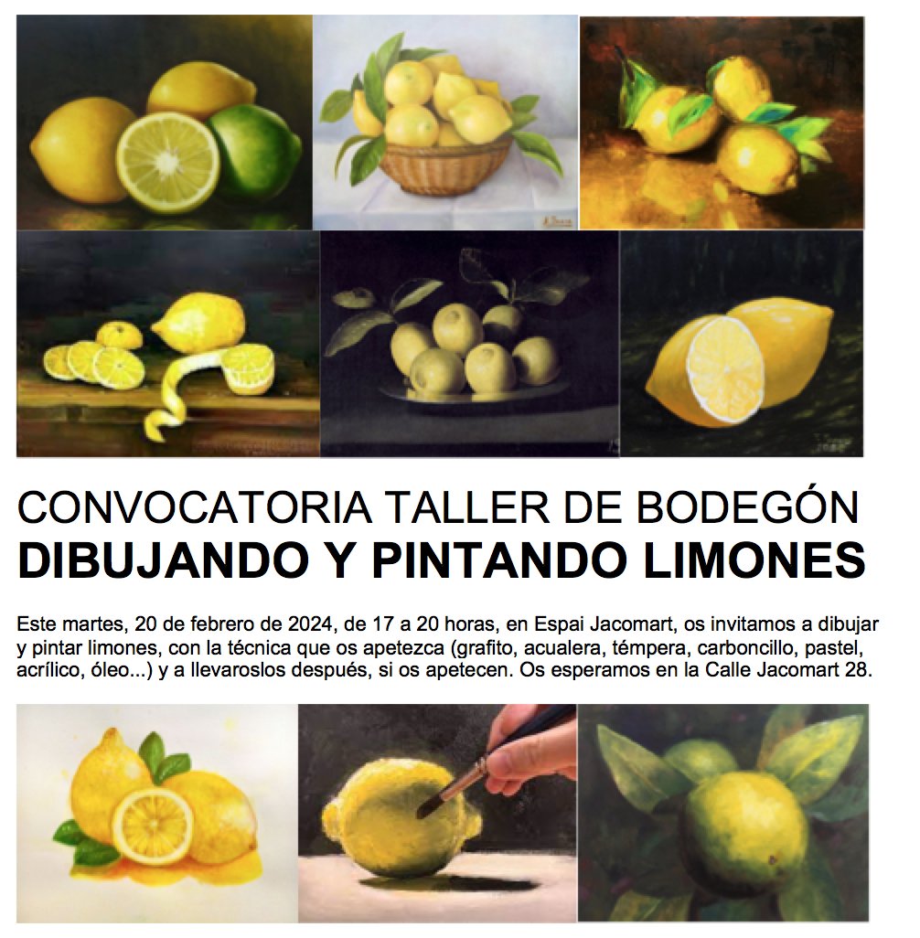 Un estudio de #dibujo y #pintura en #Valencia @EspaiJacomart convoca este martes por la tarde a los aficionados a las artes a pintar limones en un #bodegón y, luego, llevárselos 🍋agenda.hoyvalencia.app/event/taller-b…