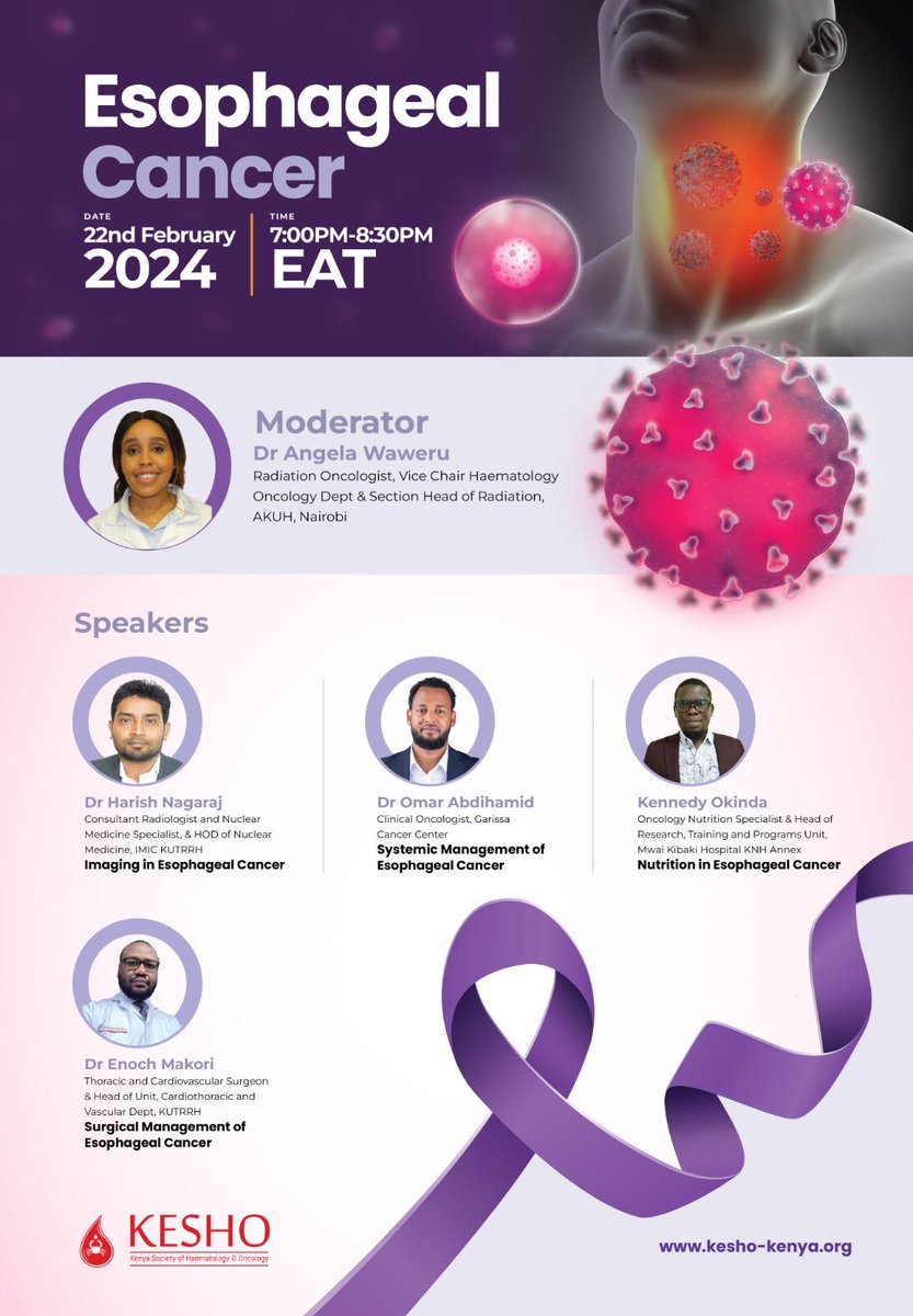 This Thursday 22nd Feb from 7pm EAT join Dr Harish Nagaraj, Dr Omar Abdihamid, Dr Kennedy Okinda and Dr Enoch Makori for an in depth conversation on #EsophagealCancer. Use the link shared below to register ⬇️ lnkd.in/dm8tN_x9