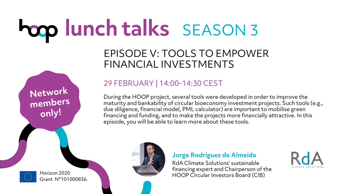 📅 Join us for HOOP Lunch Talks on 29 Feb! 🌱Explore how innovative tools enhance circular #bioeconomy investment projects with Jorge Rodrigues de Almeida from #RdAClimateSolutions. Join the Network: hoop-hub.eu/cities_and_reg…