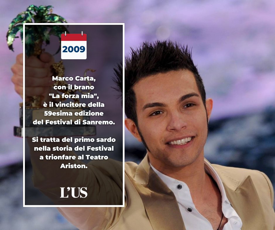 #AccaddeOggi - Quindici anni fa, il #21febbraio 2009, Marco Carta diventa il primo sardo della storia di Sanremo a trionfare sul palco del Teatro Ariston.