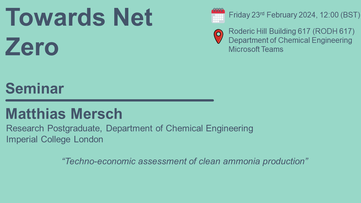 📅 This week we are looking forward to hearing from @MerschMatthias from @CEP_Lab at @ImperialChemEng. Matthias will be telling us about his work on clean ammonia production.