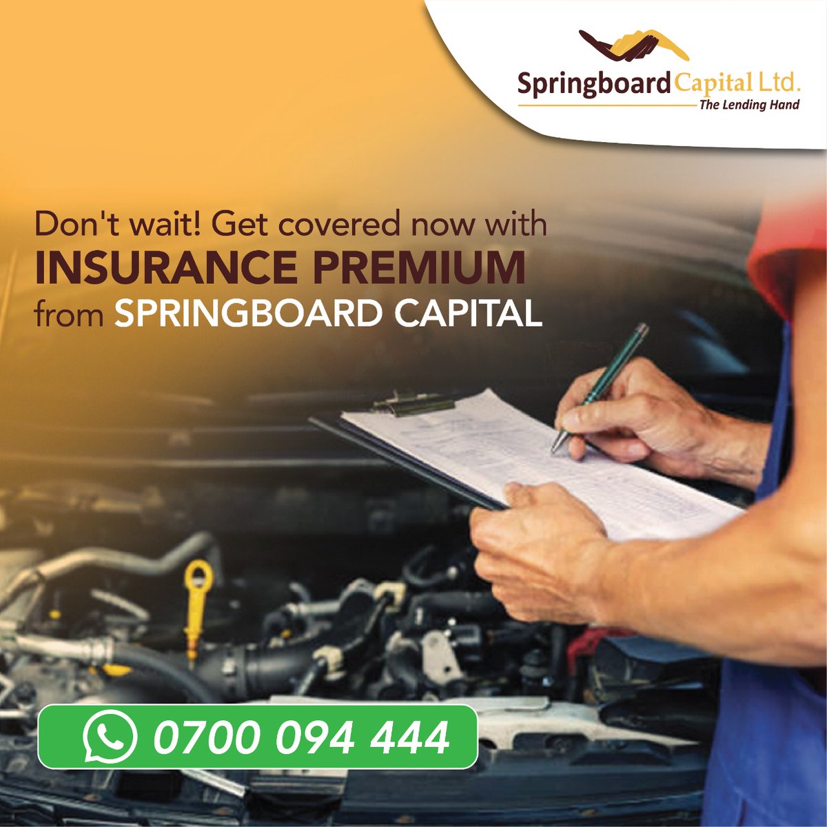 Relax and enjoy your peace of mind today knowing that your asset is covered.🚗 Apply for Springboard Capital's Insurance Premium  today by visiting our website: springboardcapital.co.ke/insurance-prem… or Call/WhatsApp 0700094444 today.

#SBC #TheLendingHand #InsurancePremium #CarInsurance